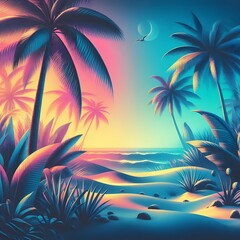 Tropical beach with palm trees at sunset. Vector illustration generated by ai