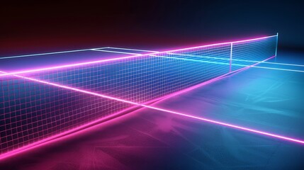 An example of a 3D render of a neon tennis court scheme with a net, a perspective view from within a virtual sport playground, a sporting game, and pink blue glowing lines over a black background. - obrazy, fototapety, plakaty