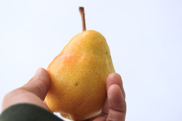Photograph of unrecognizable hands holding a pear. Concept of healthy food and fruits.