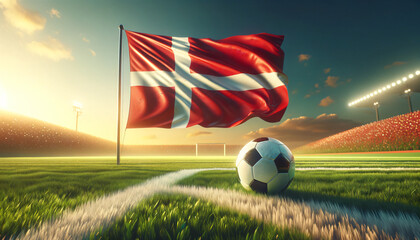 Soccer ball with Denmark flag on a football field, Generative ai