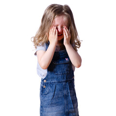 Little girl child upset crying on white background isolation