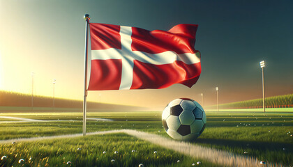 Soccer ball with Denmark flag on a football field, Generative ai