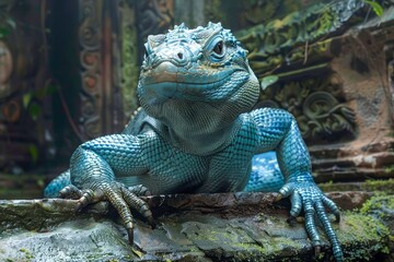 Majestic Blue Iguana Resting on Ancient Temple Ruins in Lush Tropical Forest Environment