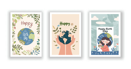 Obraz premium Set of 3 Hand-Drawn, Minimalist Vector Illustration Postcards, Happy Earth Day Celebration