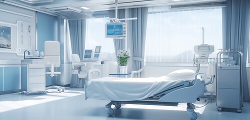 Fototapeta na wymiar Patient bed in hospital room with medical equipment in blue tone. Generative AI