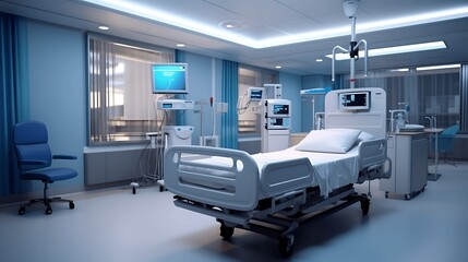 Patient bed in hospital room with medical equipment in blue tone. Generative AI