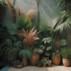 Tropical plants in terracotta pots on concrete floor generated by ai