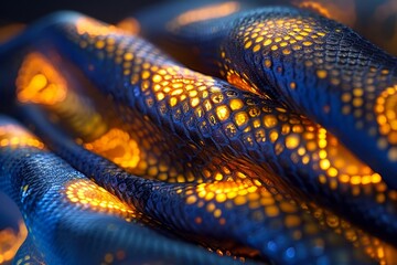 Close up of Textured Fabric with Abstract Blue and Golden Patterns for Creative Backgrounds