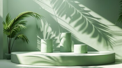3D render, minimal green background with three cylinder podiums, palm leaf shadow and bright sunlight. Minimal showcase for organic cosmetic products.