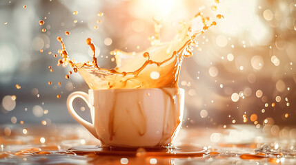Golden Coffee Splash in White Cup with Sunlight and Bokeh Effect - obrazy, fototapety, plakaty