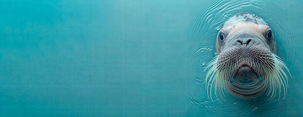 Banner with seal head peeking through a hole in a blue water wall. - obrazy, fototapety, plakaty