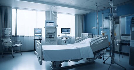 Interior of a modern hospital room. Medical equipment and patient bed. generative ai - obrazy, fototapety, plakaty