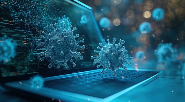 A computer screen shows a virus on a keyboard