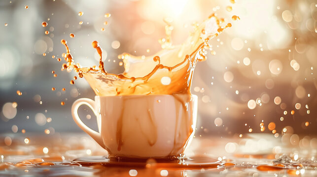 Golden Coffee Splash in White Cup with Sunlight and Bokeh Effect