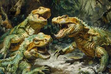 Realistic Dinosaurs in Wild Nature Environment Illustration for Science and Education Projects