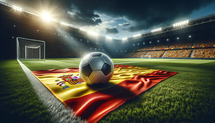 Soccer ball with Spain flag on a football field, Generative ai