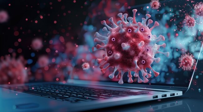 A computer screen shows a virus on a laptop