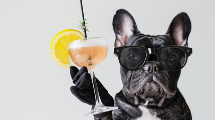 Stylish French Bulldog with Sunglasses Holding Martini Glass and Lemon