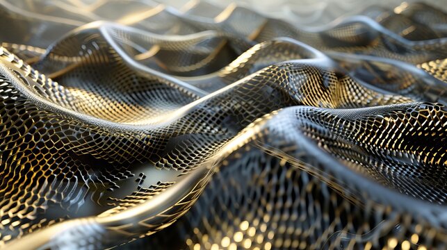 A 3D render of an abstract background with golden and silver snakes and metallic scales