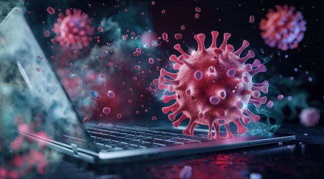 A computer keyboard is covered in red and blue particles