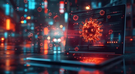 Obraz premium A computer screen shows a virus on a laptop