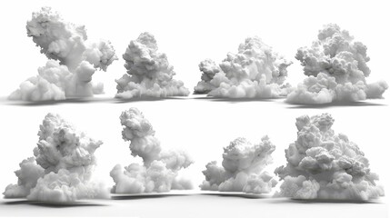 Shapes of abstract white clouds. Clip art isolated on a white background. Cumulus in different perspectives.