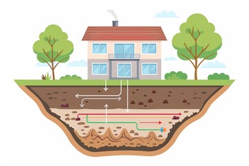 A cross-section illustration of a geothermal heat pump system beneath a family home, with arrows indicating the flow of energy, simplifying the concept of geothermal heating and cooling