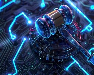 Digital gavel hovering over a cybernetic circuit board, neon blue glows, top view, futuristic style.