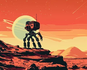 Keuken foto achterwand A space exploration robot on a distant planet, responding to voice commands from earth scientists, illustrated against the stark, beautiful backdrop of an alien landscape in vivid, flat colors. © Chensak