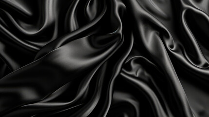 Luxurious black satin fabric with elegant drapes, suitable for fashion and interior design themes.
