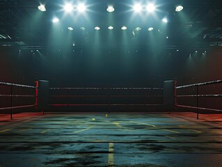 An unoccupied boxing ring, illuminated by vibrant lights, awaits the upcoming fight night.