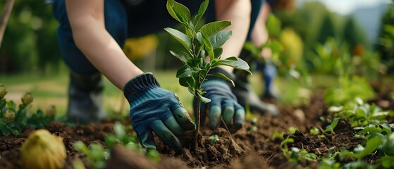 Green Fingers for a Greener Future: Urban Reforestation Effort. Concept Community Green Spaces, Tree Planting Initiatives, Eco-Friendly Gardening Practices, Sustainable Urban Development - obrazy, fototapety, plakaty