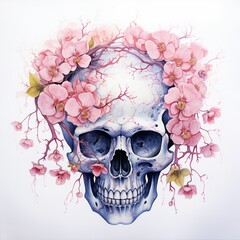 Watercolor fusion, skull with cherry blossoms, fleeting beauty.