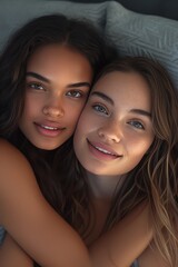 Joyful Bond: Two Women Embracing in a Cozy Living Room