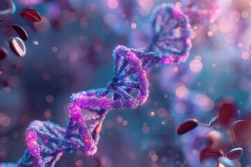 A purple and blue DNA strand is shown in a blurry, abstract style