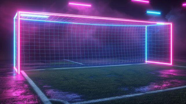 In this 3D render, the player can see a virtual neon football playground, a soccer field gate from a perspective angle view, a sporty game, and a pink and blue glowing line in the sky