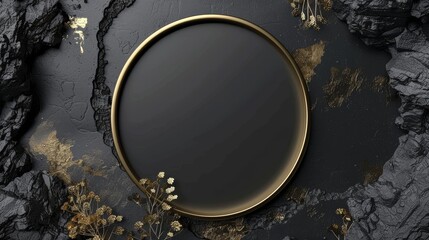 Render of an abstract black and gold background with a round blank frame, showing a showcase for the presentation of products, top view