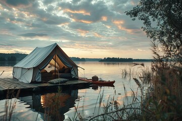 A serene lakeside camping setup in clay, including a tent open to reveal cozy interior details, a kayak, and a small dock, all under a soft, summer sky background. - Powered by Adobe