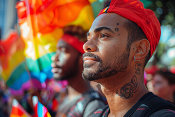 Happy Pride Celebration Parade in June with LGBTQ+ Community. Rainbow Flags and Colors. - Powered by Adobe