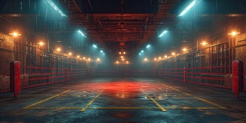 An unoccupied boxing ring under the bright lights of the ceiling, awaiting the intensity of a fight night. - obrazy, fototapety, plakaty