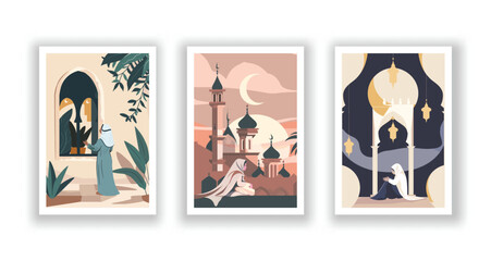 Set of 3 Eid al-Fitr Celebration Design, Minimalist Greeting Cards and Wallpaper Templates. Vector illustration