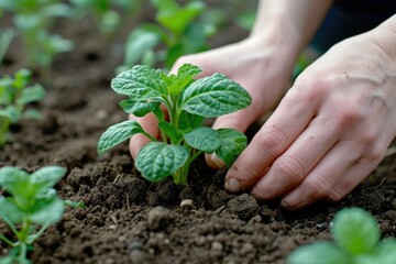 Naklejka na ściany i meble Seedling Serenity: Hands of a Caring Gardener