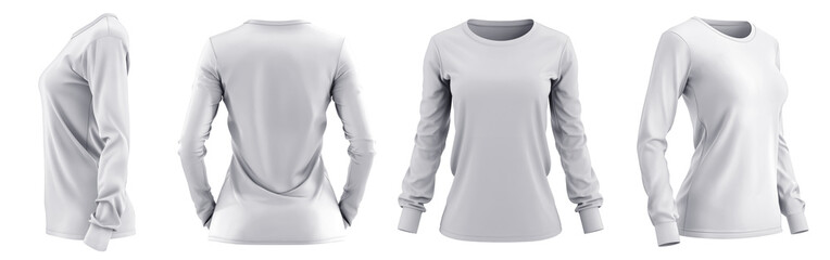 Set of woman white front, back and side view round neck long sleeve tee shirt t-shirt on transparent background cutout, PNG file. Mockup template for artwork graphic design - obrazy, fototapety, plakaty
