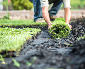 Closeup of a man laying new material for a lawn installation, with green grass rolls and black soil covering the ground