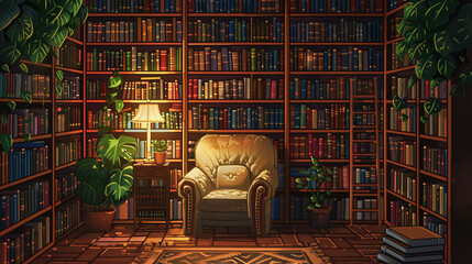 Cozy library having a chair to set, books arranged in the shelf