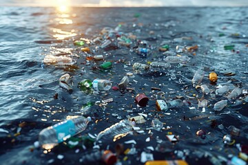 A disturbing view of the ocean surface cluttered with countless plastic bottles and debris, emphasizing the severe pollution affecting marine ecosystems worldwide. - obrazy, fototapety, plakaty