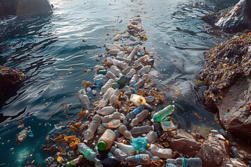 Fototapeta na wymiar A disturbing view of the ocean surface cluttered with countless plastic bottles and debris, emphasizing the severe pollution affecting marine ecosystems worldwide.