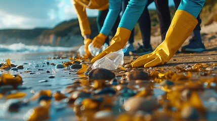 Volunteers wearing yellow gloves work together to remove plastic and other trash from a rocky beach, reflecting a community-driven effort to protect the marine environment. - obrazy, fototapety, plakaty