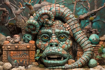 Obraz premium Surreal Ancient Aztec Inspired Stone Sculpture with Intricate Patterns amidst a Mystical Forest Setting