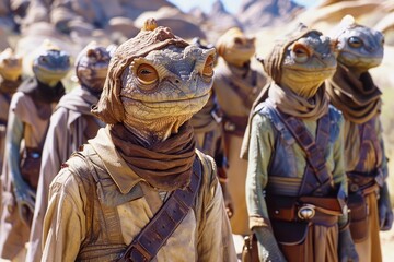 Fototapeta premium Group of Extraterrestrial Creatures with Reptilian Features in a Desert Scene for Sci Fi Themed Projects